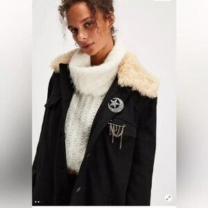 Free People Milly Wool Coat Womens L Faux Fur Preppy Winter Warm Y2K Military